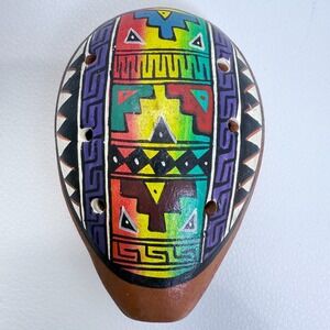 Southwestern Hand Painted Ocarina Whistle Mask Multicolor Geometric Folk Art